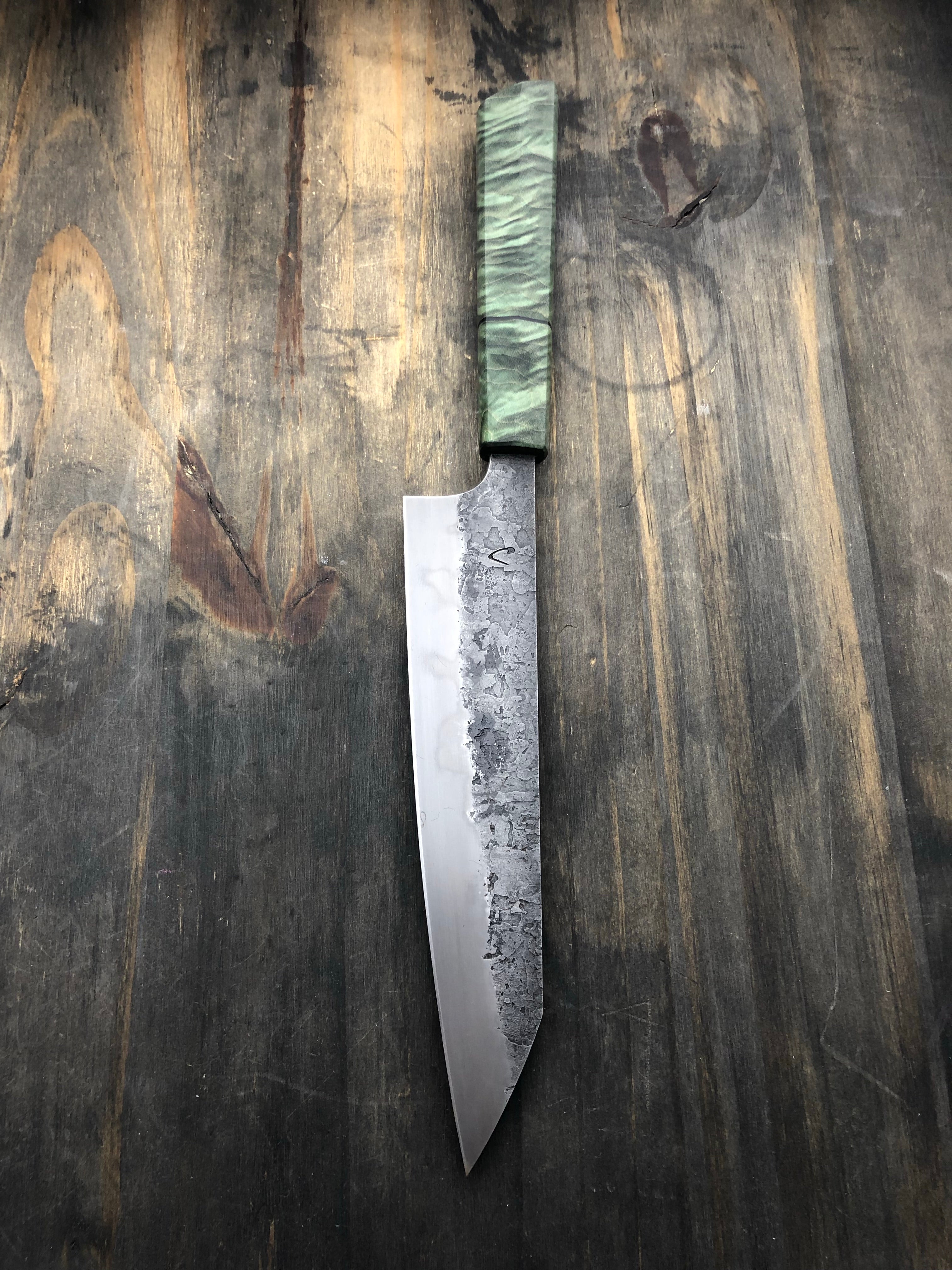 Handmade Chefs Knife with Quilted Maple Handle